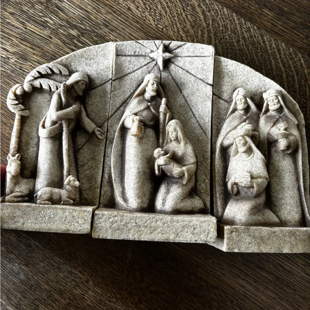 Heavy Stone Look Beige Nativity Scene •‎ Rustic Holiday Décor Set Three Piece